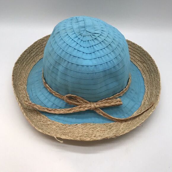 Sun 'n' Sand Headwear Women's OSFM Packable Teal Blue Textile & Straw Beach Hat - Picture 5 of 8